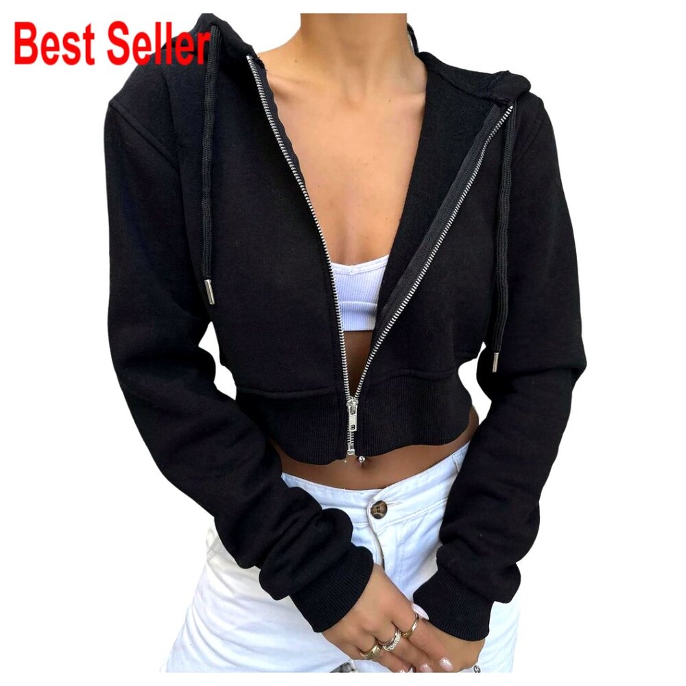 Cropped Zip Hoodie With Drawstring, Long Sleeve Polyester Sweatshirt
